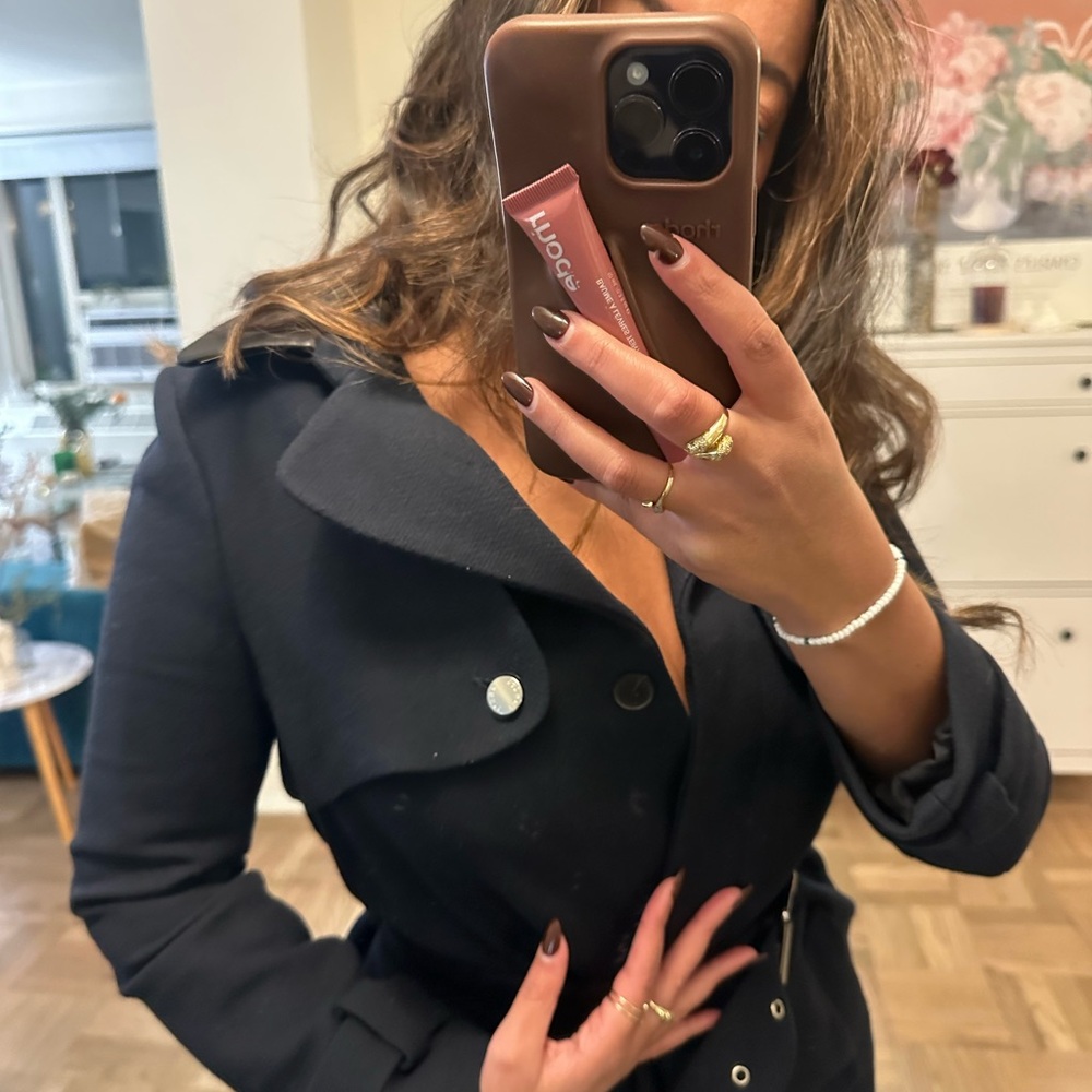 Elegant Navy Blue Women's Jacket with faux leather collar